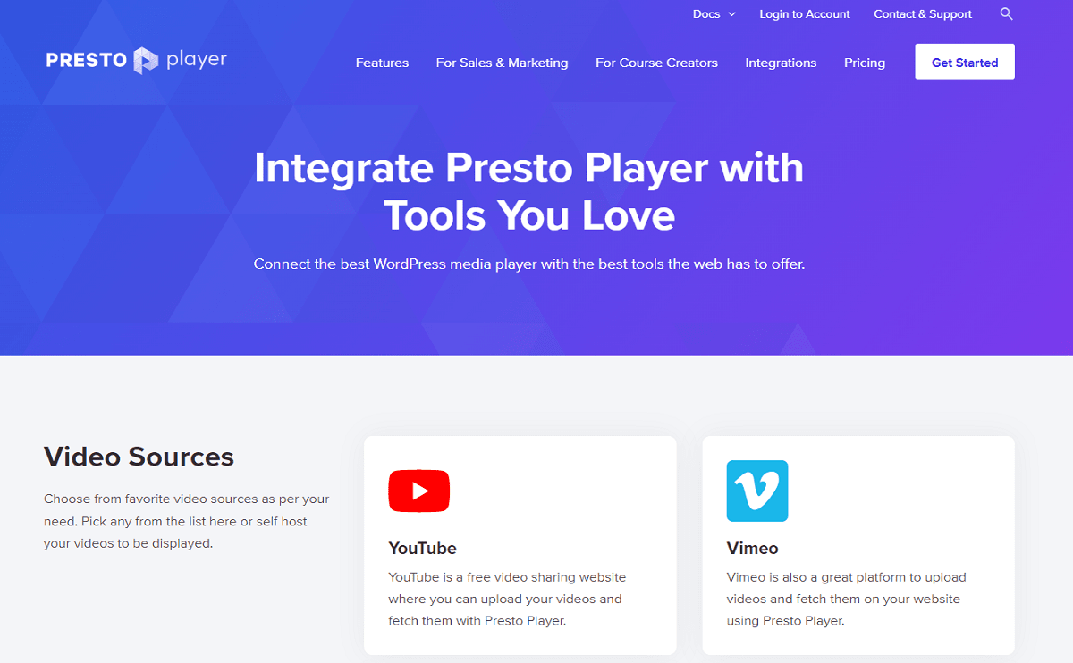 Integration page of Presto Player new website