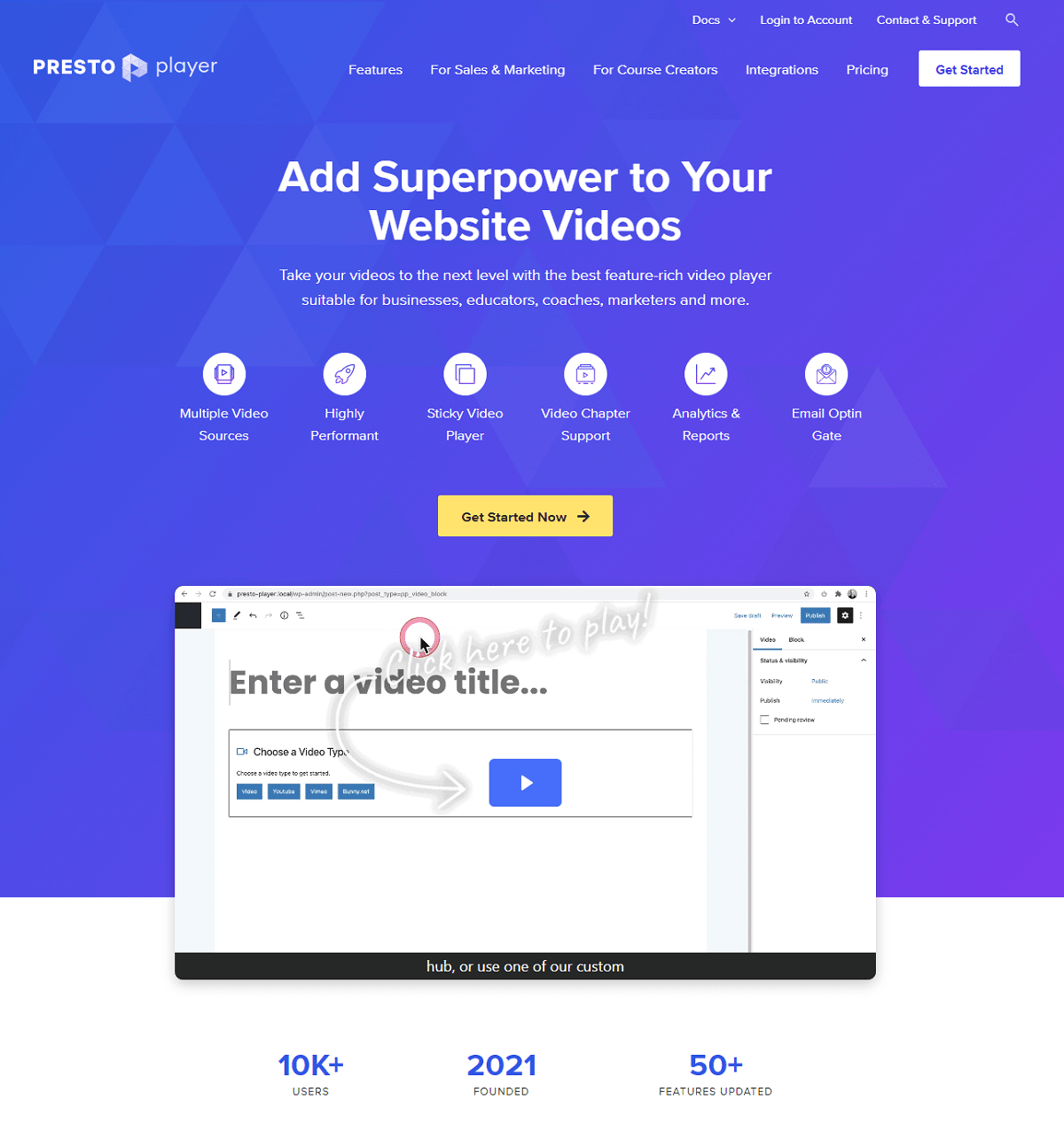 Homepage of Presto Player new website