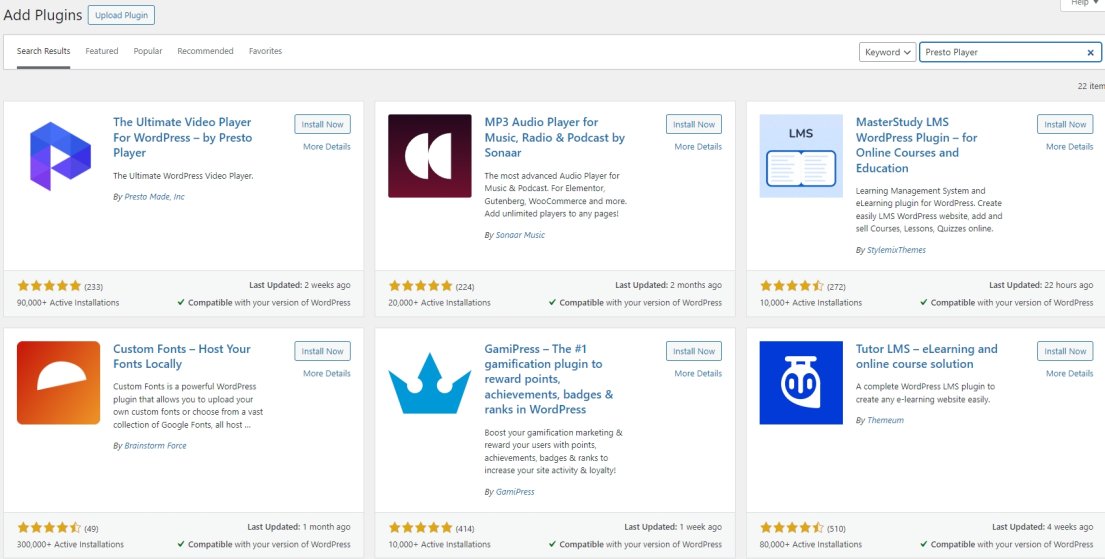 Install the free version of Presto Player plugin