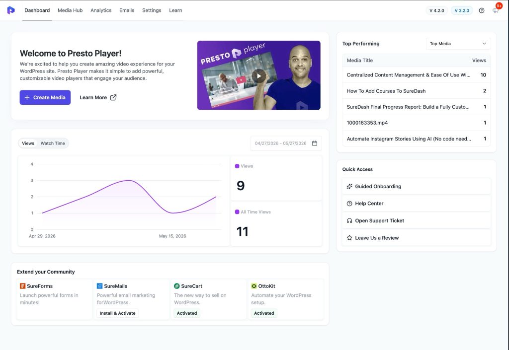 Presto Player 4.2.0 & Pro 3.2.0 — The Admin Got a Whole New Look New Presto Player Dashboard with 4.2.0